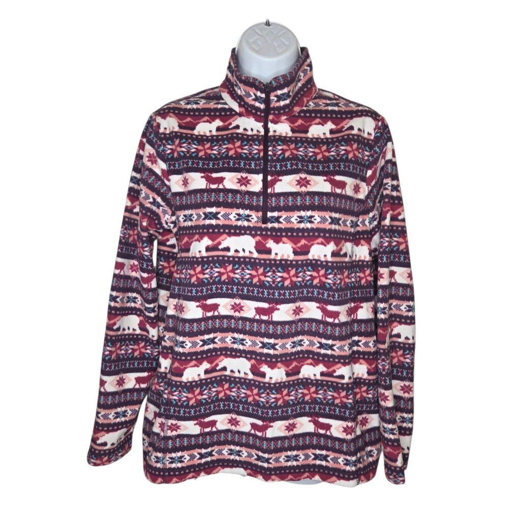 Lands' End Anyweather Fleece Quarter Zip Pullover Polar Bear Nordic Print Medium